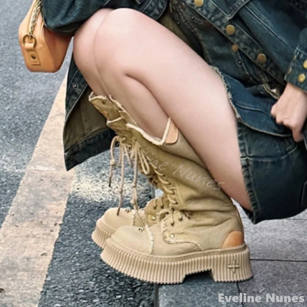 Cross-embroidery Lace-up Knee- - Embroidery Canvas reseña y precio